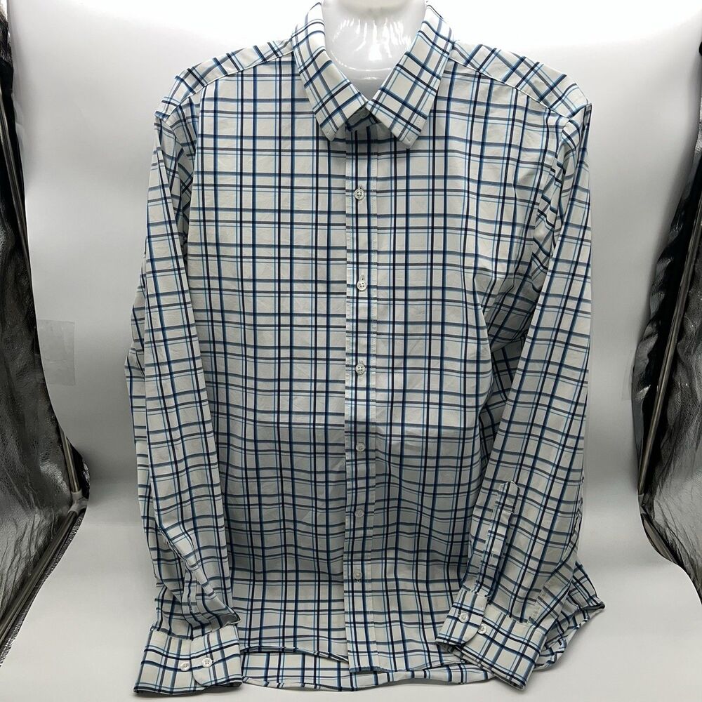 Lands' End White w/Blue Plaid Men's Regular Fit Long Sleeve Casual Dress Shirt-L
